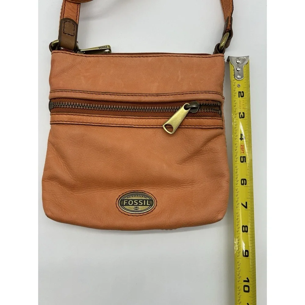 Vintage Fossil Leather Crossbody Bag Orange Pebbled Square Multi Zip Boho Hippie